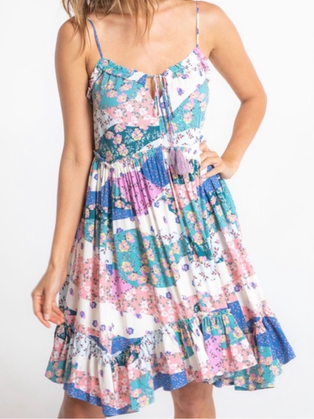 Lovestitch NWT Patchwork Floral Midi Dress in Blue/Pink/Green/Cream w tassels